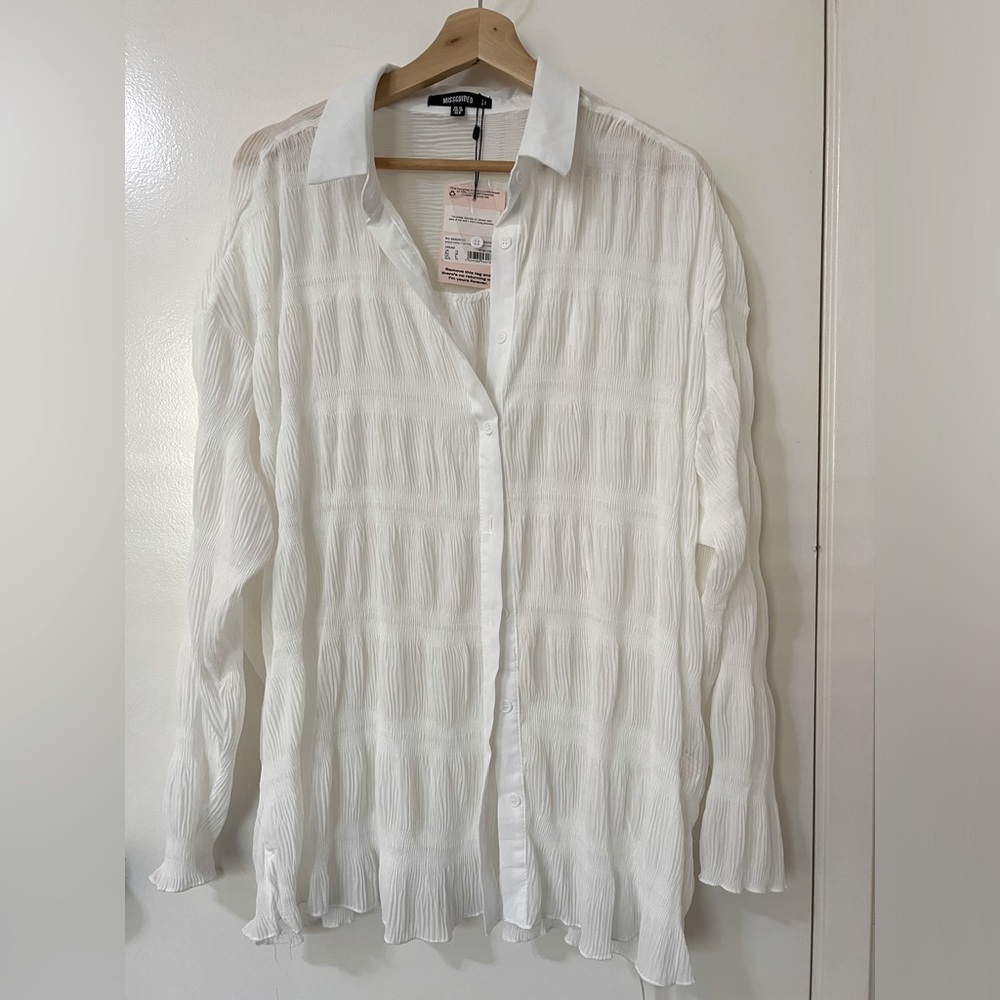 White Sheer long sleeve button up shirt